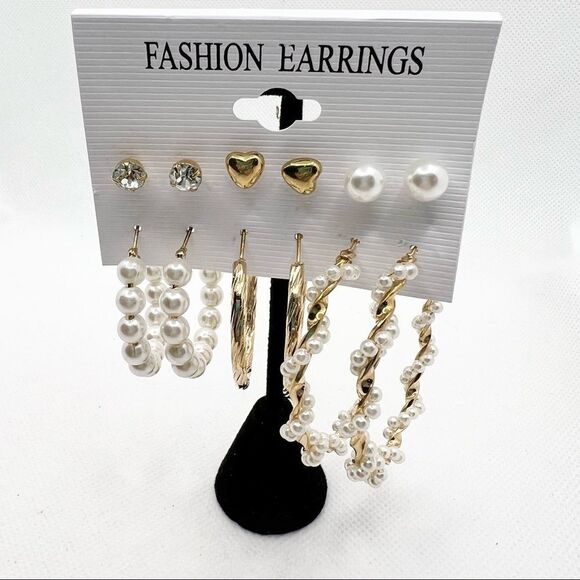 New Fashion Jewelry 6 earring pairs gold and white Pearl sparkle hoops and studs - Picture 1 of 4